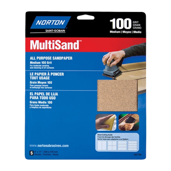 Norton Abrasives Norton MultiSand 11 in. L X 9 in. W 100 Grit Aluminum Oxide All Purpose Sandpaper 5 pk 7660747735 - main